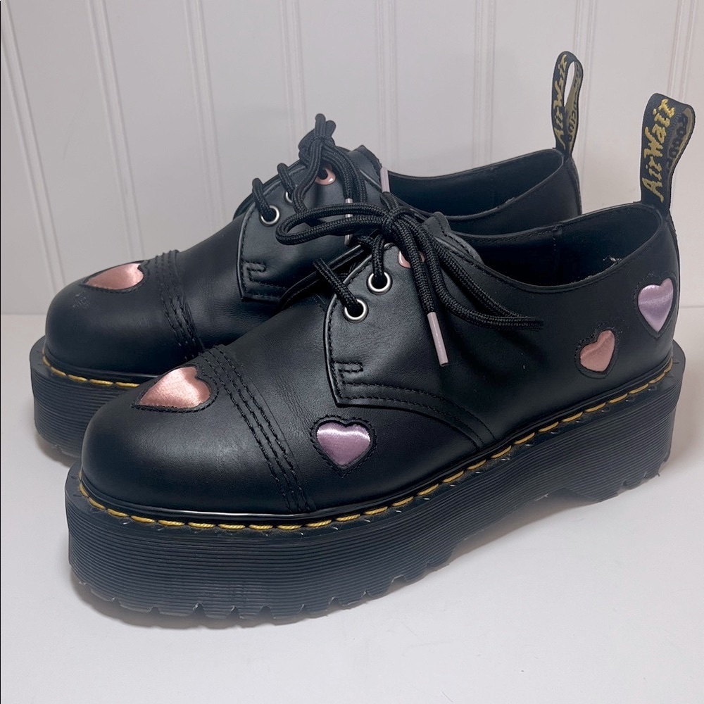 Dr. Martens 1461 Quad Heart Platform Shoes with Pink Heart Accents